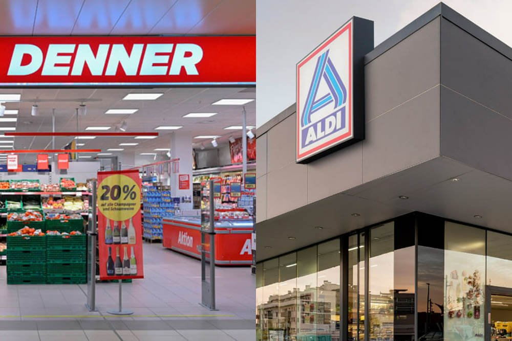 Fachadas de supermercados Denner y Aldi en Suiza, mostrando la variedad de opciones para compras de alimentos y productos básicos en el país. vivir en suiza