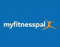 Logotipo de MyFitnessPal sobre un fondo azul, con el nombre en letras blancas y una figura humana estilizada en color naranja realizando un salto.