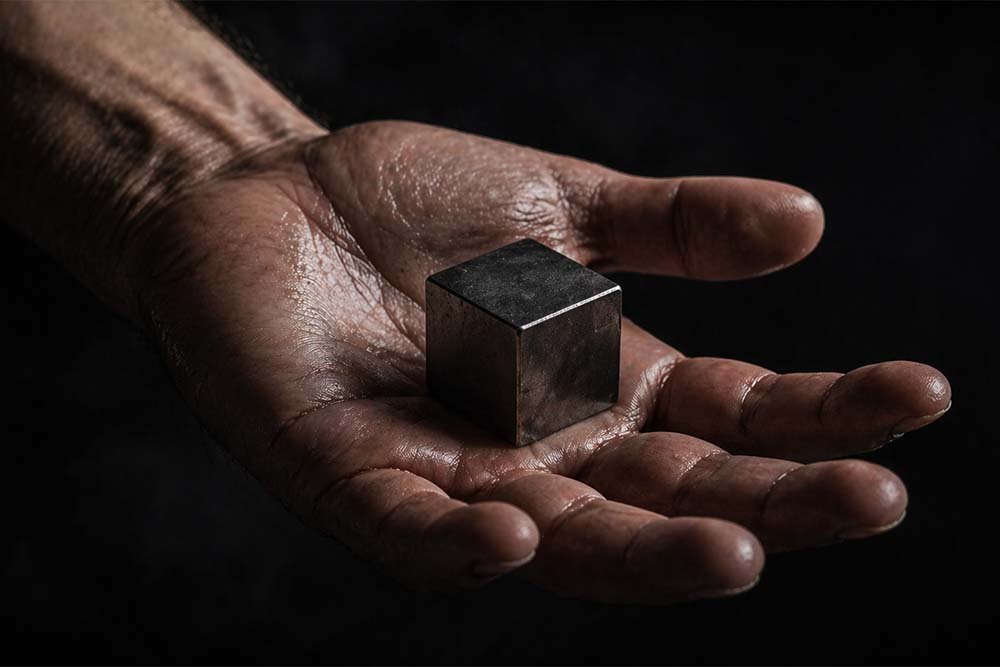 Mano sosteniendo un cubo metálico oscuro y brillante, representando un material extremadamente denso como el osmio.