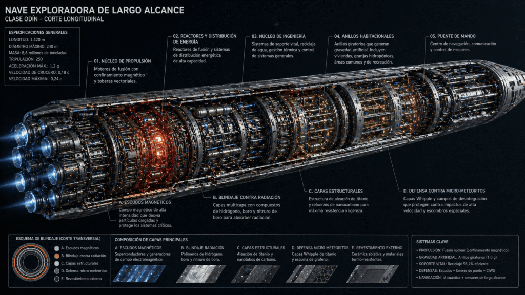 Infografía de una nave exploradora de largo alcance en corte longitudinal, mostrando sus sistemas internos como propulsión, reactores, anillos habitacionales y blindaje.