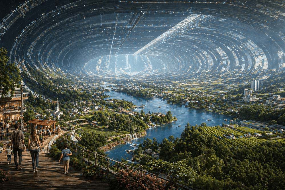 Paisaje urbano y natural dentro de un hábitat espacial gigante, donde la gravedad artificial en el espacio permite ríos, ciudades y vida cotidiana.
