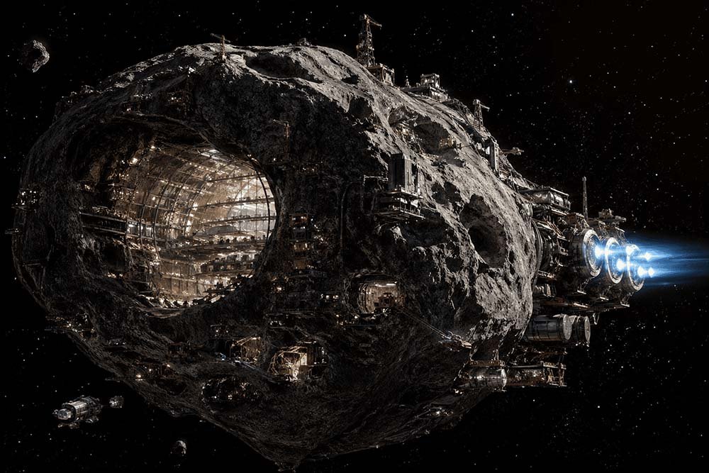 Asteroide modificado como estación espacial con estructuras industriales, zonas habitadas en su interior y motores de propulsión en funcionamiento.