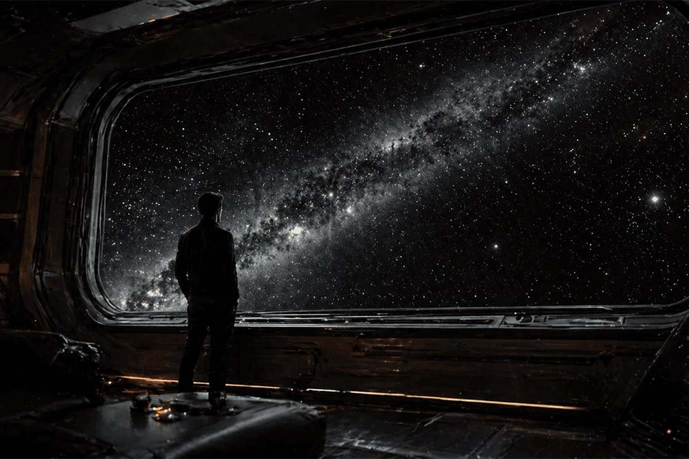 Persona observando la Vía Láctea desde el interior de una nave espacial a través de una gran ventana panorámica.