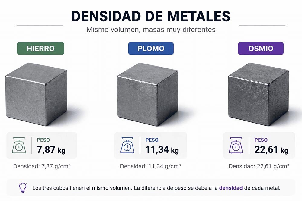 Comparativa visual de densidad entre hierro, plomo y osmio con tres cubos del mismo volumen y diferente peso, mostrando sus valores de masa y densidad.