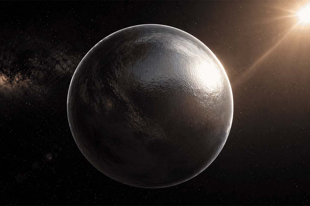 Esfera metálica oscura flotando en el espacio iluminada por una estrella, representando un planeta denso como una esfera de osmio.