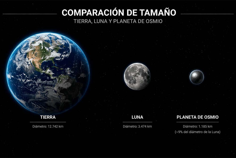 Comparación de tamaño entre la Tierra, la Luna y un planeta de osmio, mostrando sus diámetros relativos en el espacio.