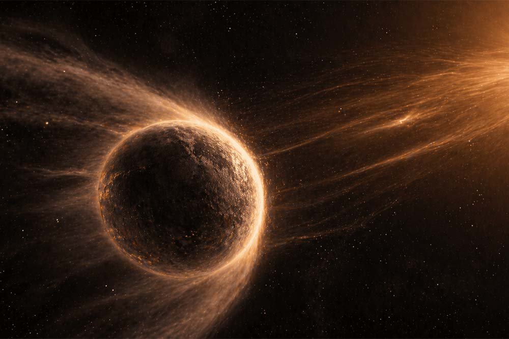 Planeta rocoso siendo golpeado por una intensa radiación estelar, con partículas y gases desprendiéndose de su superficie en el espacio.
