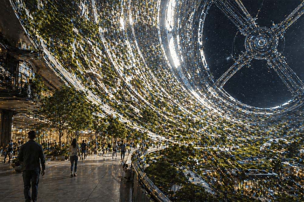 Ciudad futurista dentro de un hábitat espacial rotatorio, donde la gravedad artificial en el espacio permite a las personas caminar con normalidad.
