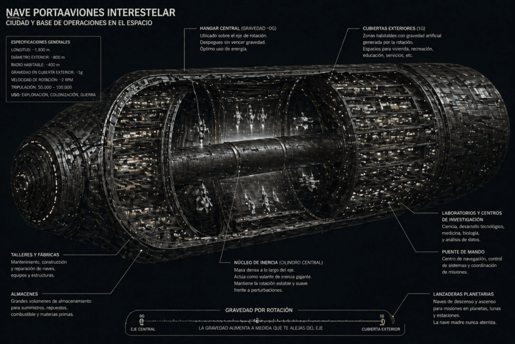 Infografía detallada de una nave portaaviones interestelar en corte longitudinal, mostrando hangar central en microgravedad, anillos habitacionales con rotación y núcleo de inercia.