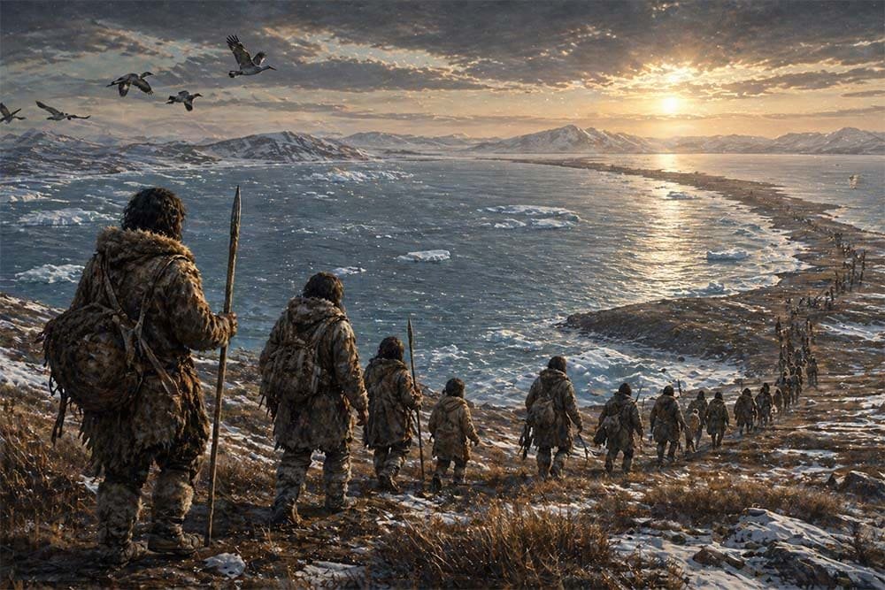 Grupo de humanos prehistóricos cruzando un paisaje helado y costero, avanzando en fila hacia nuevas tierras durante una migración ancestral.